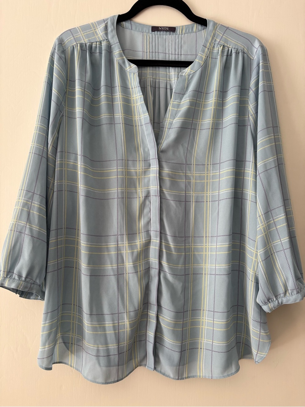 NYDJ Pale Blue Plaid Split-Neck Tunic Blouse